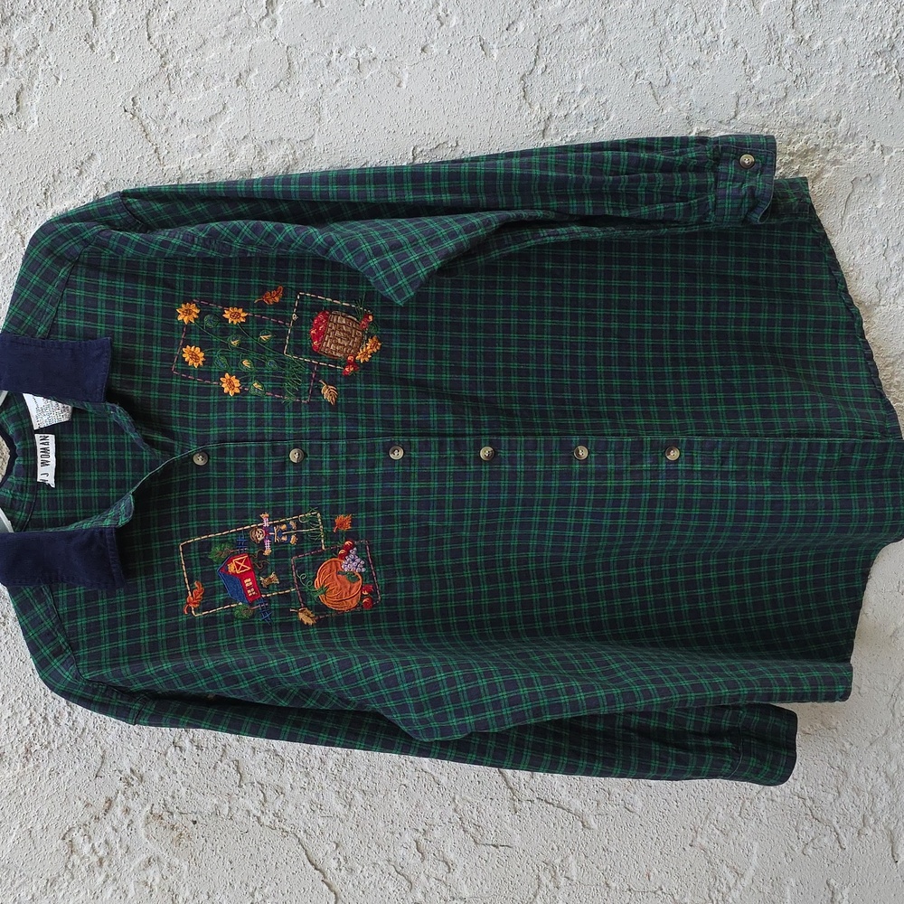 Vintage Embroidered Fall Harvest Thanksgiving Plaid Button Down Shirt Size 20W